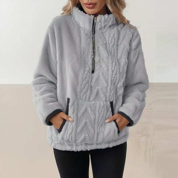 Fanxing Women's Half Zip Fuzzy Pullover Sherpa Fleece Lined Sweatshirts Winter Thermal Warm Tops Outwear 2025 with Pocket Gray 2XL