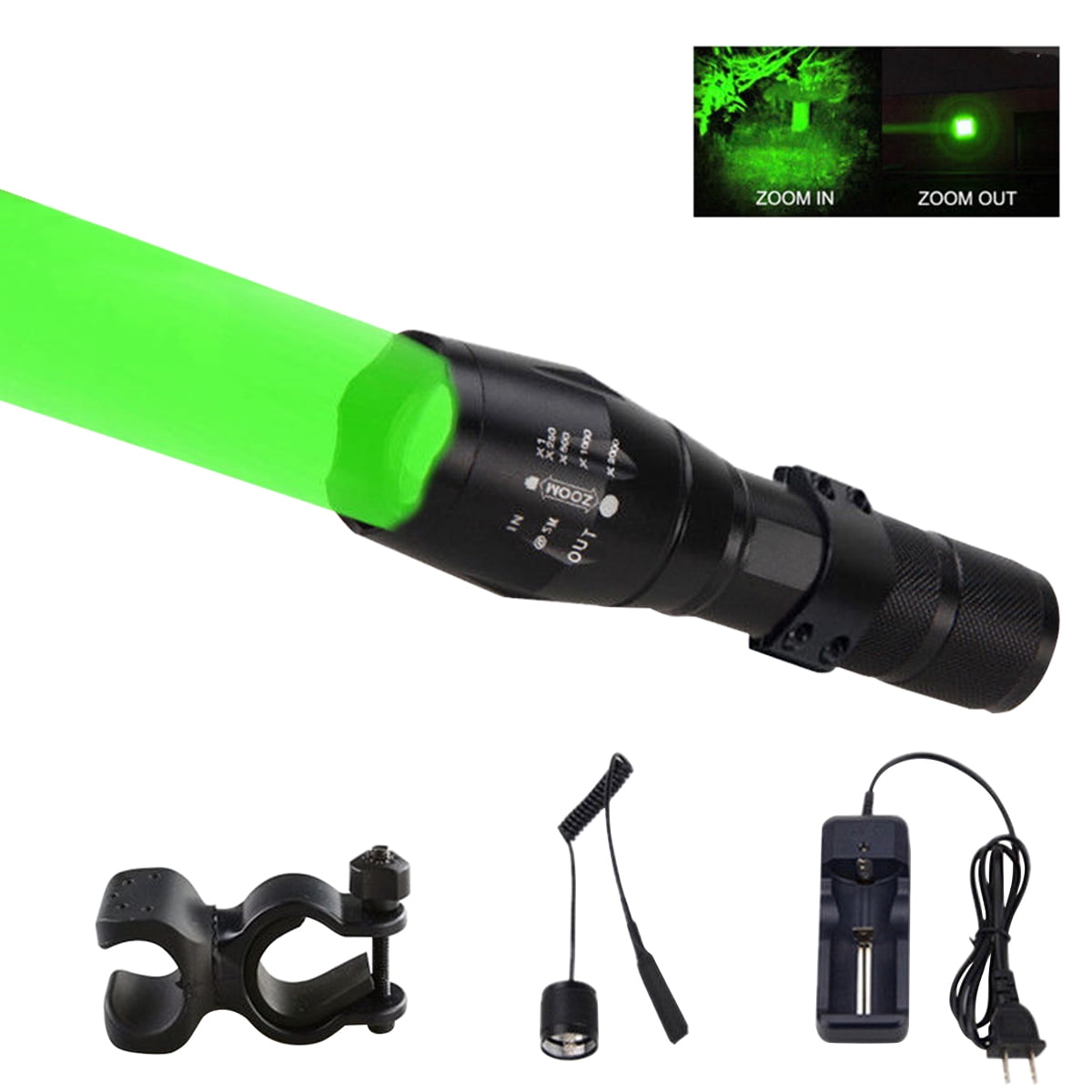 Tactical 800Yard Zoomable Green LED Flashlight Predator Varmint Gun Rechargeable 