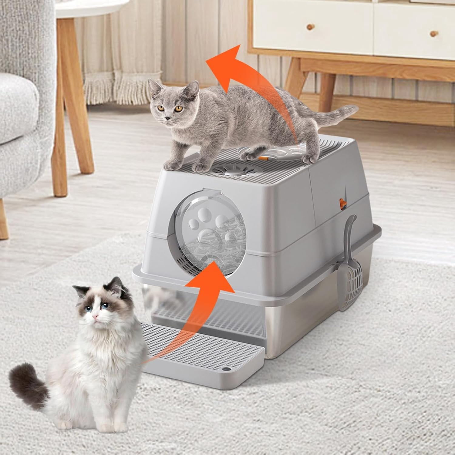 XL Stainless Steel Cat Litter Box, Extra Large Litter Box for Cats, Enclosed Metal Kitty Litter Box with Litter Scooper, Odor-Urine-Proof, Non-Sticky, Easy Rinse Cleaning,Light grey