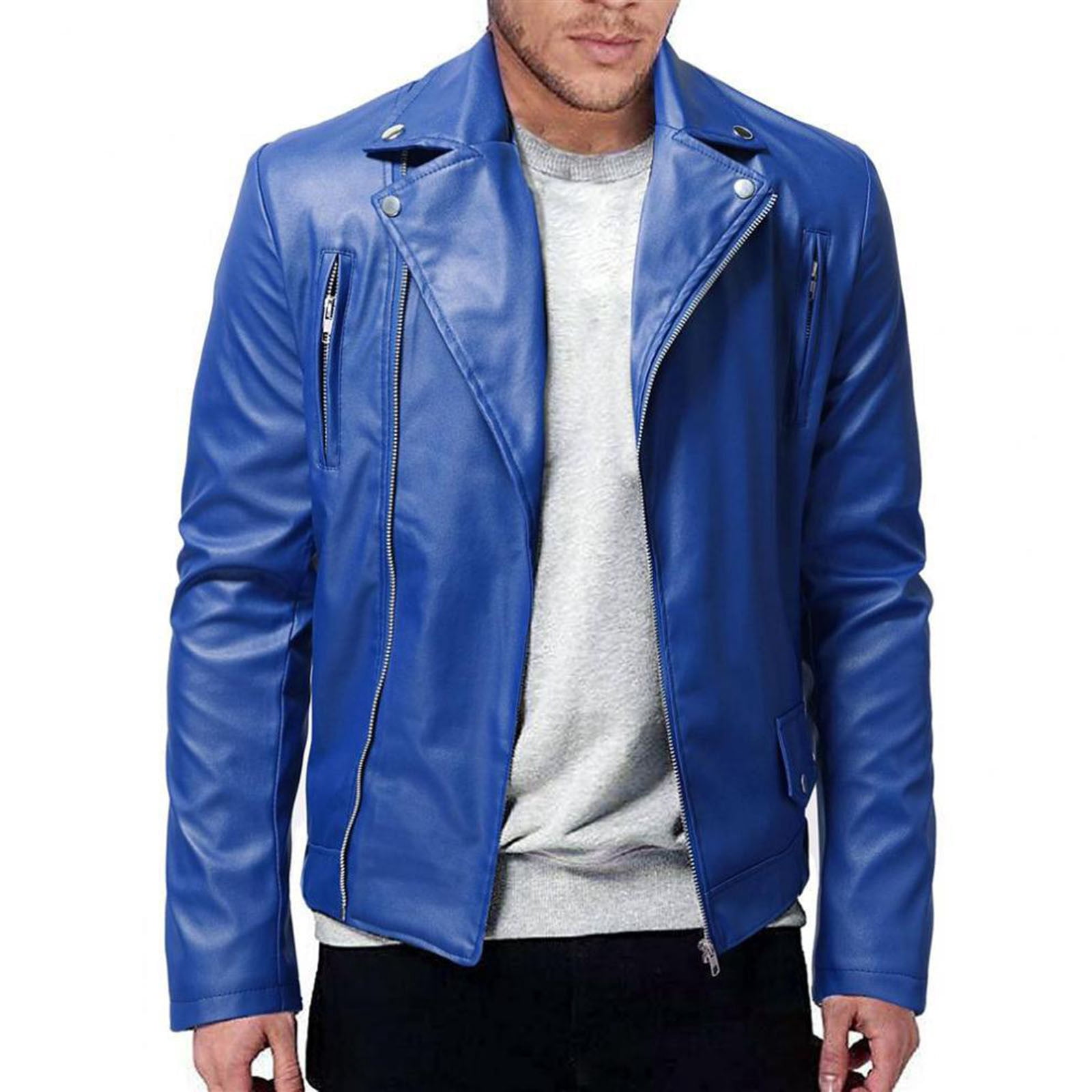 DUMUIELD Men Faux Leather Jacket Full Zip Up Collar PU Leather Motorcycle Jacket Plus Size Bomber Coat Outwear with Pockets Dark Blue,XS