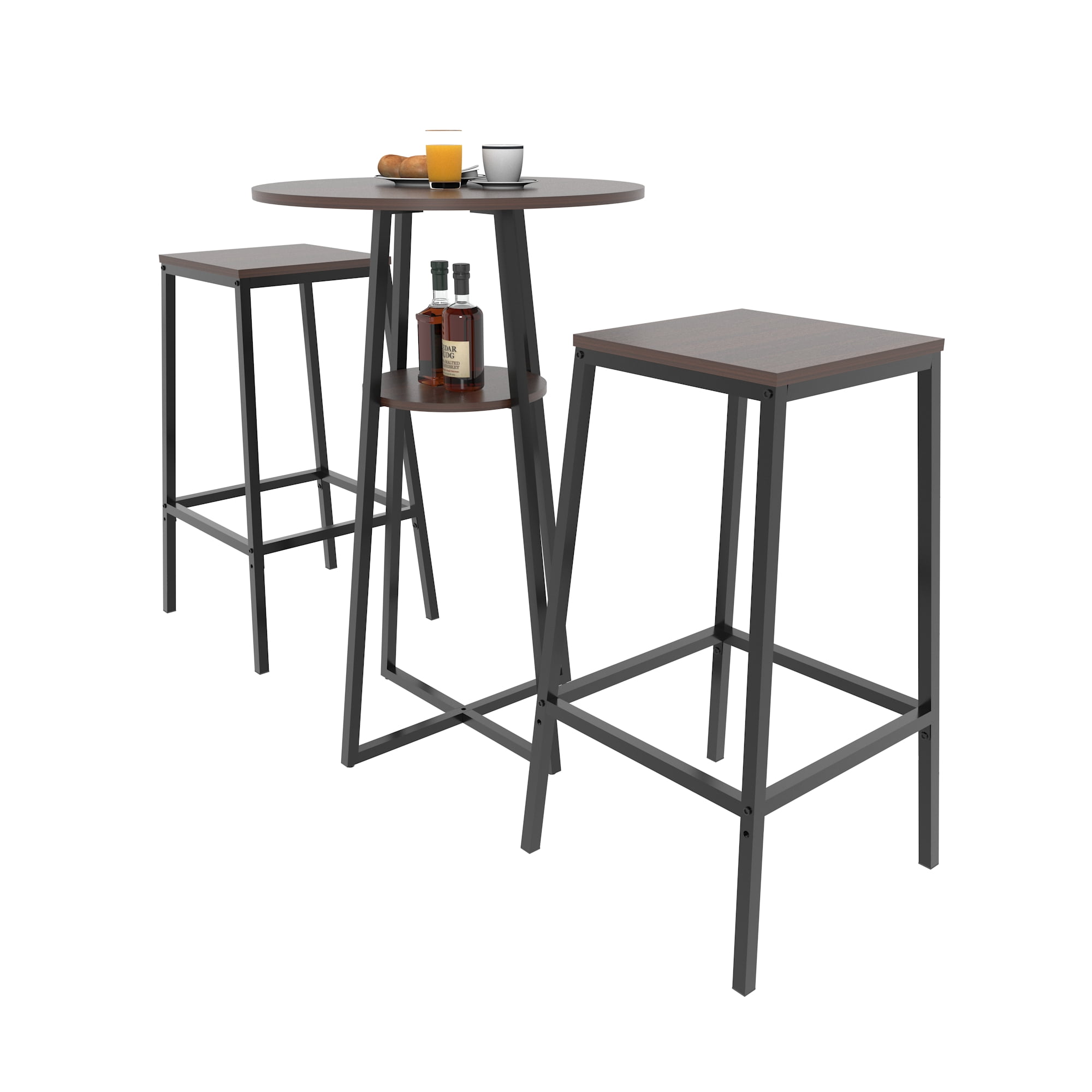 GARITIN 3 Piece Round Bar Table Set with 2 Bar Stools, Counter Height Pub Table with Middle Storage Shelf for Kitchen Balcony, Walnut Brown