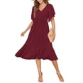 thumbnail image 1 of Vestido AUSELILY de verano con cuello en V y manga corta, fruncido, rojo vino, 1 of 6
