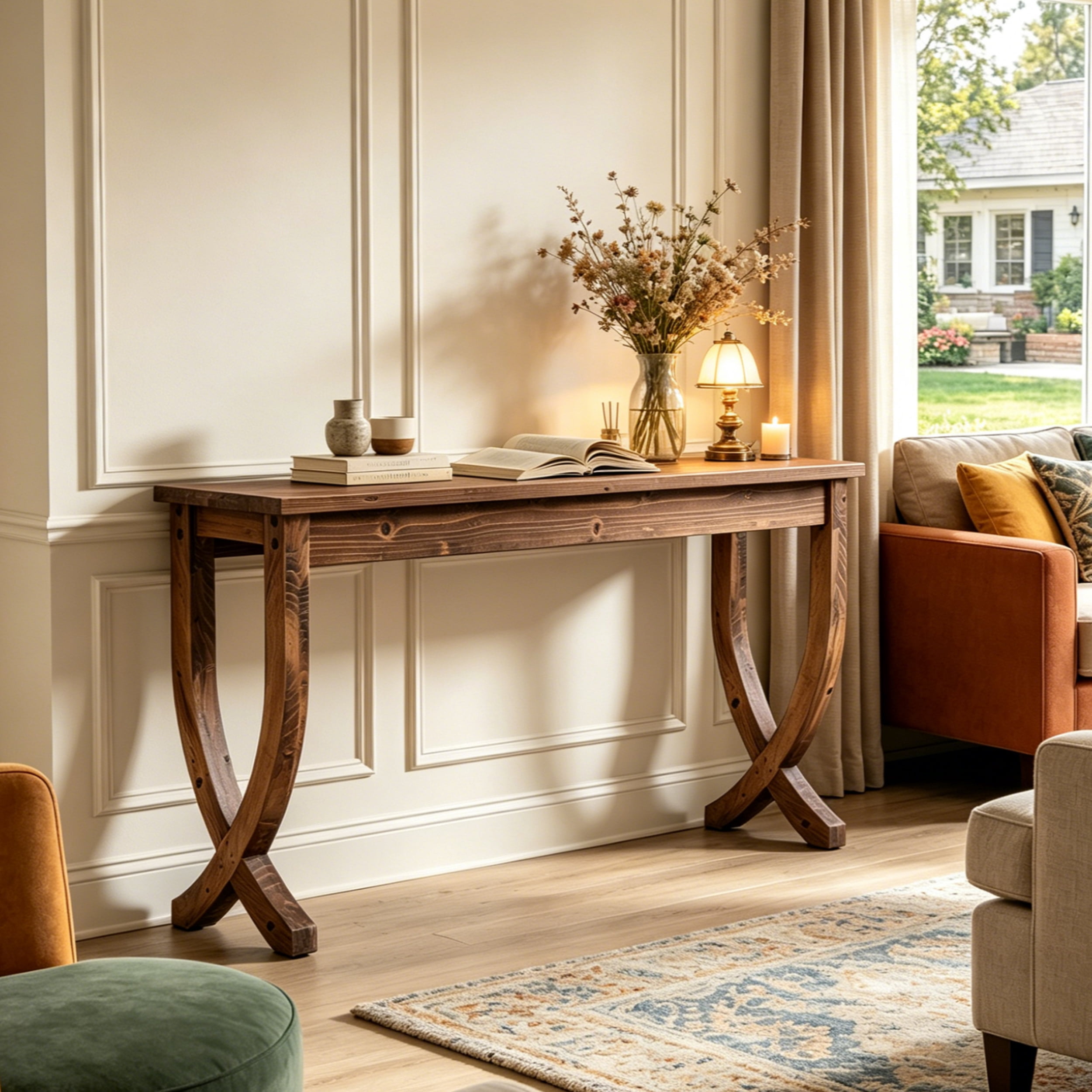 Fnova 63" Console Table, Long Farmhouse Entryway Table, Solid Wood Sofa Table with X-Shaped Legs for Living Room, Entrance, Foyer