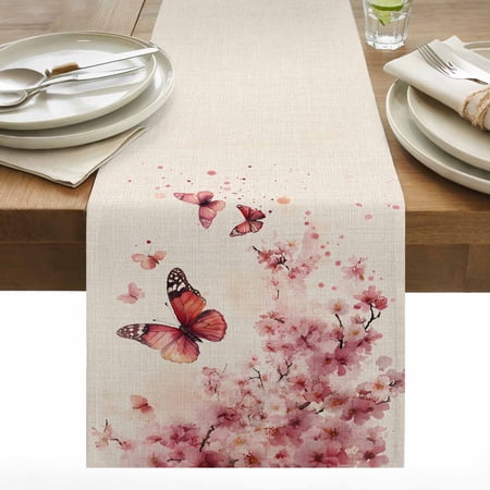 Butterfly Floral Cotton Linen Table Runner Watercolor Pink Red Flower Butterflies Leaf Linen Texture Dining Table Runners for Home Decor Party Dining Room Restaurant Kitchen 13 x 108