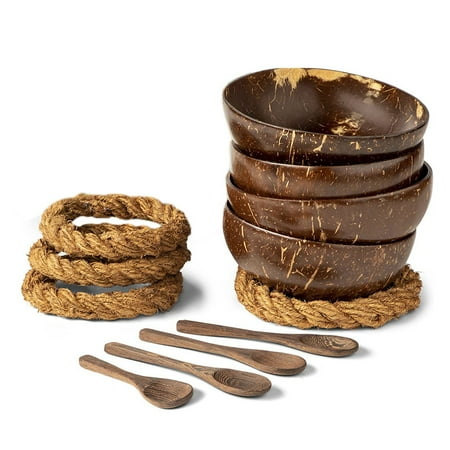 

Coconut Bowls with Spoons & Stands - Set of 4 Coconut Shell Bowls + Wooden Spoons & No-Wobble Holders for Salad