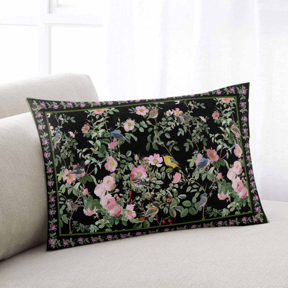 Black Spring Floral Throw Pillow Covers, Elegant Pastoral Flowers Birds Watercolor Soft Breathable Pillow Cases with Invisible Zipper, Small Pillowcases for Couch Bed Sofa Chair 16x24 Inches