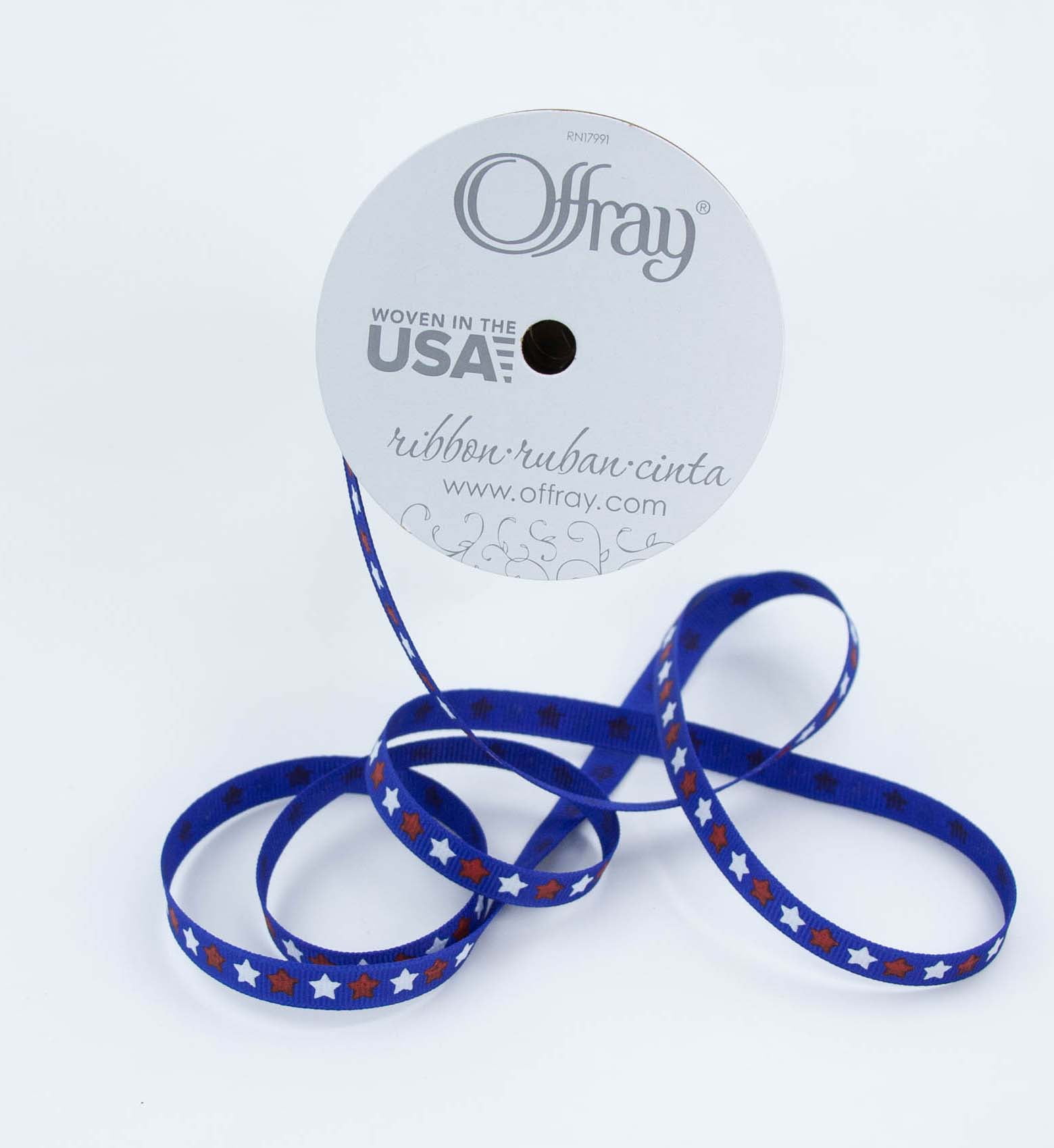 Offray Ribbon, Royal Blue 3/8 inch Stars Grosgrain Ribbon, 9 feet