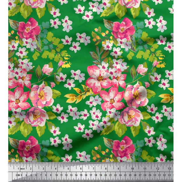 Soimoi polyester Crepe Fabric Leaves & Peony Floral Print Sewing Fabric Yard 42 Inch Wide