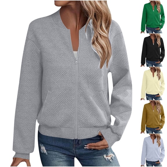 Paiwinds Women's Quilted Jackets Lightweight Full Zip Bomber Style Long Sleeve Casual Outerwear with Pockets Solid Color