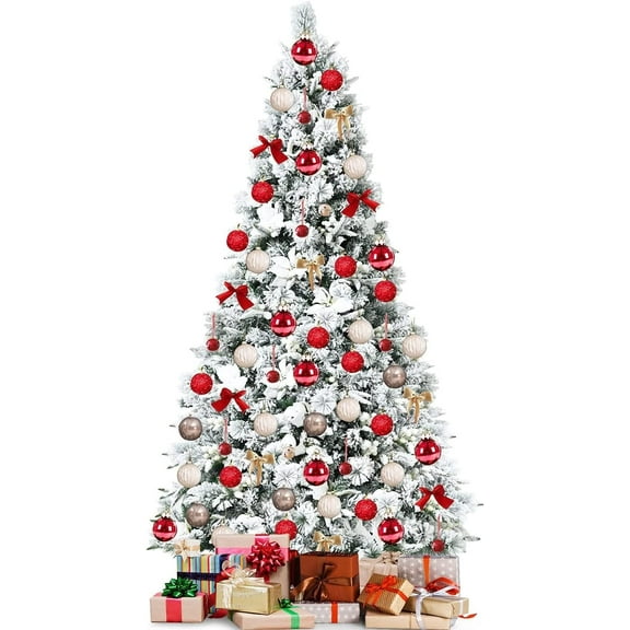 YESSW 7 Feet Artificial Snow Flocked Christmas Tree Hinged Xmas Tree with 919 Branch Tips Metal Stand White Berries & Flowers Indoor Holiday Decor for Home Office School