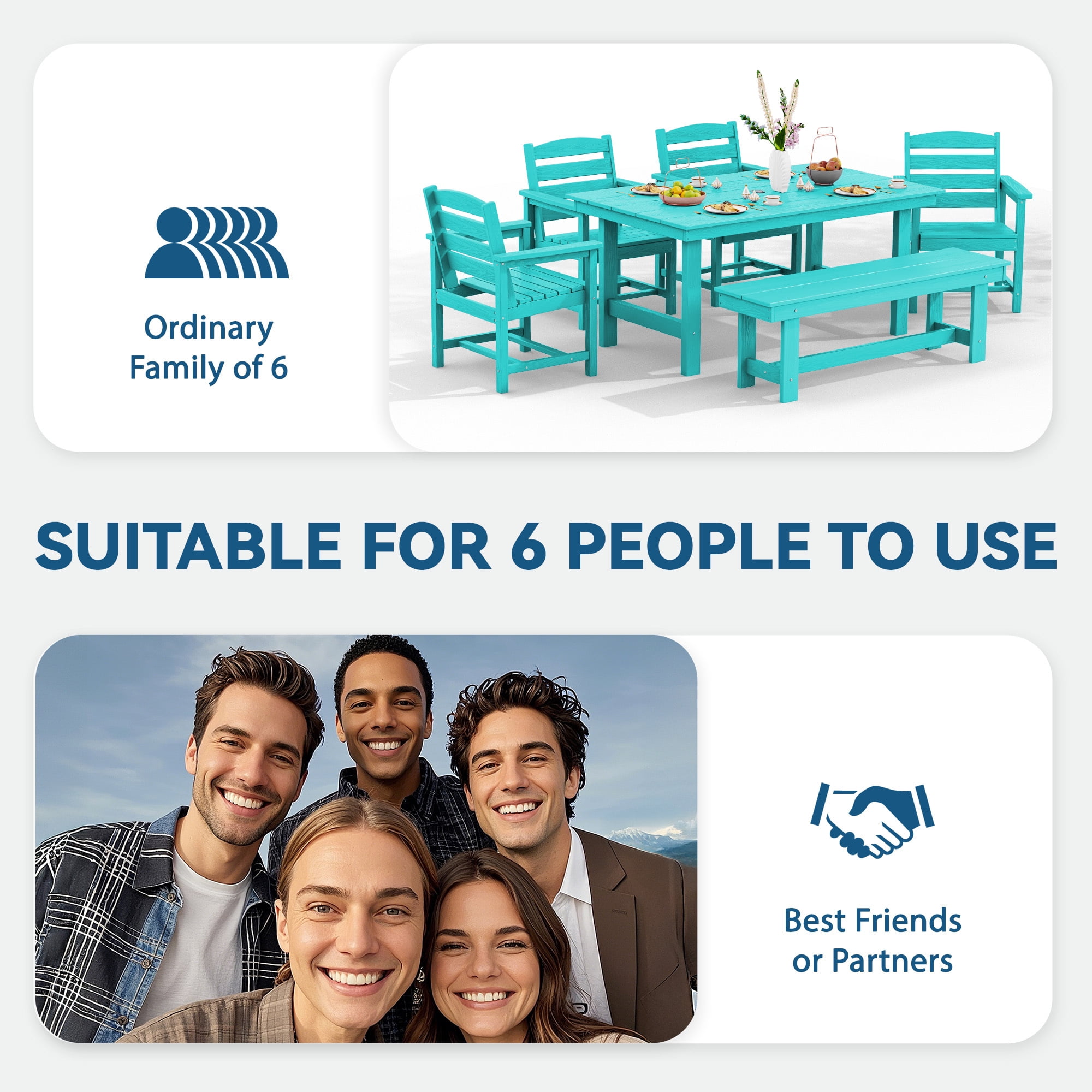 LOYALICE 6 Pieces Patio Furniture Set, HDPE Outdoor Dining Table Set with 1 Bench, 4 Chairs, Durable and Weather-Resistant for Patio, Garden and Balcony Use, Turquoise
