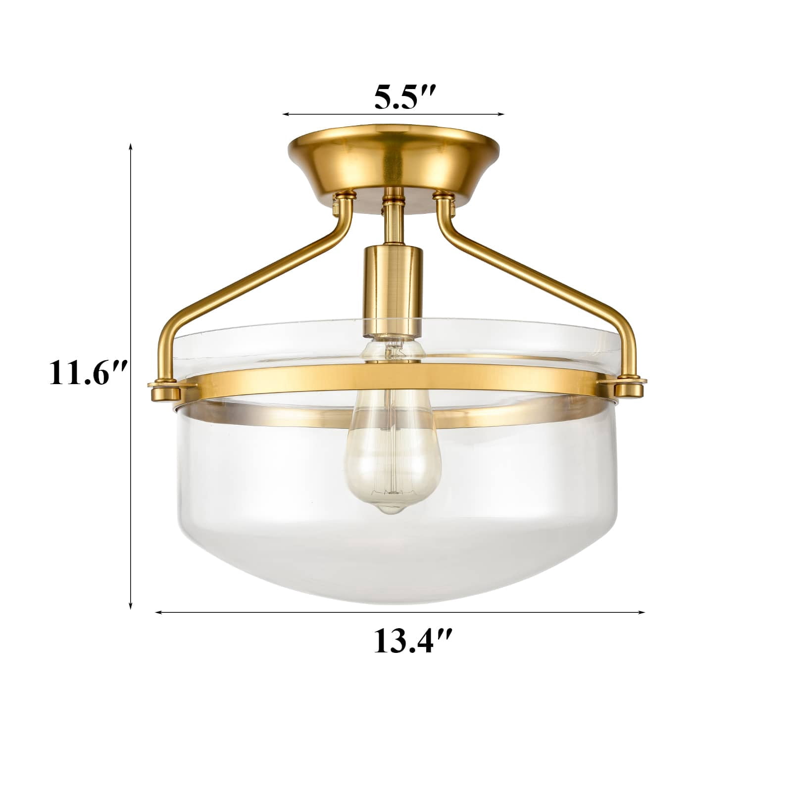 Claxy Gold Semi Flush Mount Ceiling Light Bowl Clear Glass for Kitchen Hallway Bathroom