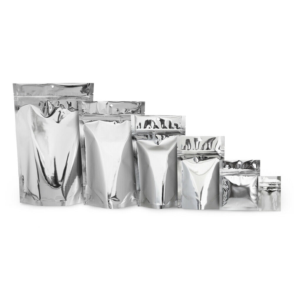 SILVER SHINY STAND UP POUCHES MYLAR BAG GRIP HEAT SEAL FOOD GRADE ZIP LOCK BAGS 