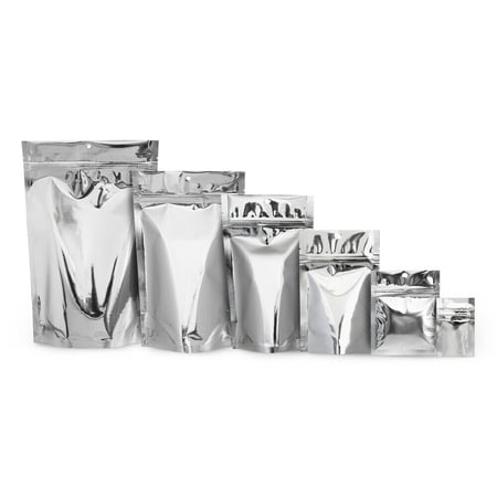 50 pcs 4"x6" Mylar Silver Aluminum Foil Resealable Stand Up Bags Heat Seal Zipper Lock Reusable Storage Pouches for Zip Food Storage Lock Packaging with Tear Notches