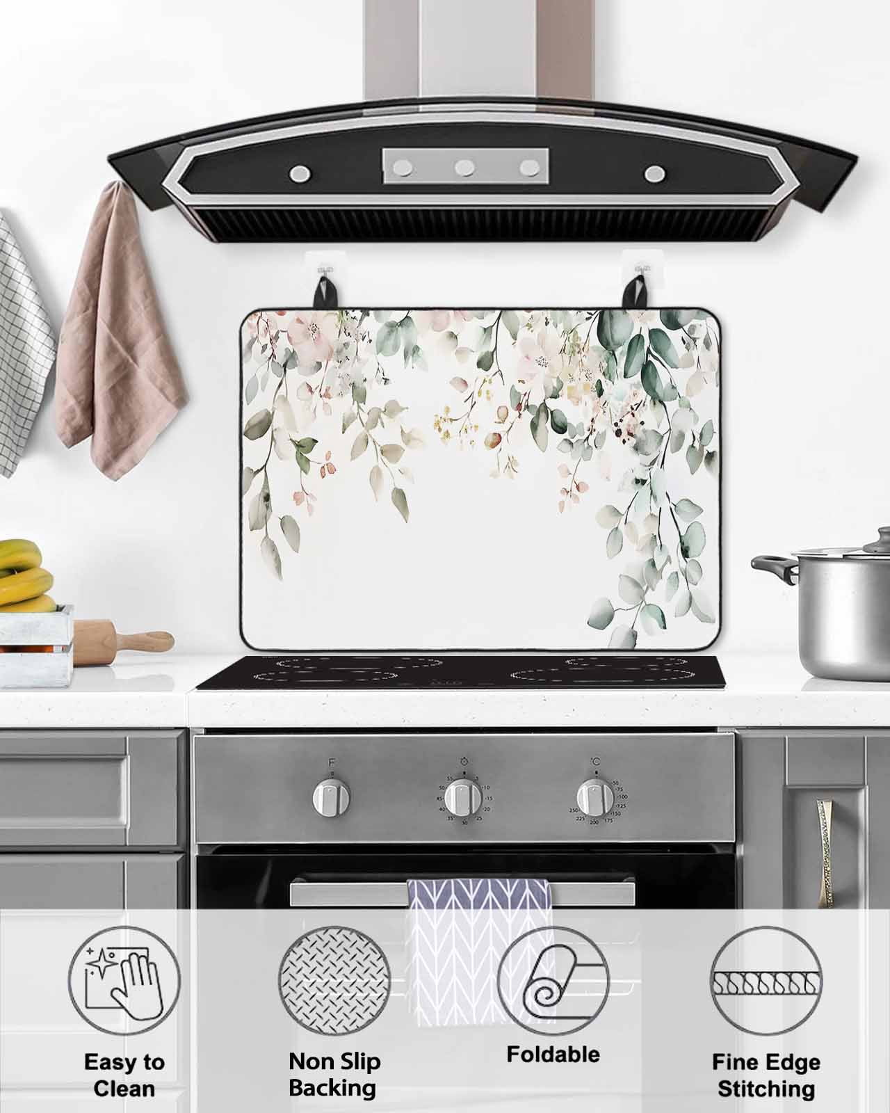nqOlkjepod Large Induction Cooktop Protector Mat 36"x21", Eucalyptus Floral Stove Top Covers for Electric Stove, Spring Summer Botanical Decorative Stove Burner Cover Mats, Glass Top Stove Cover