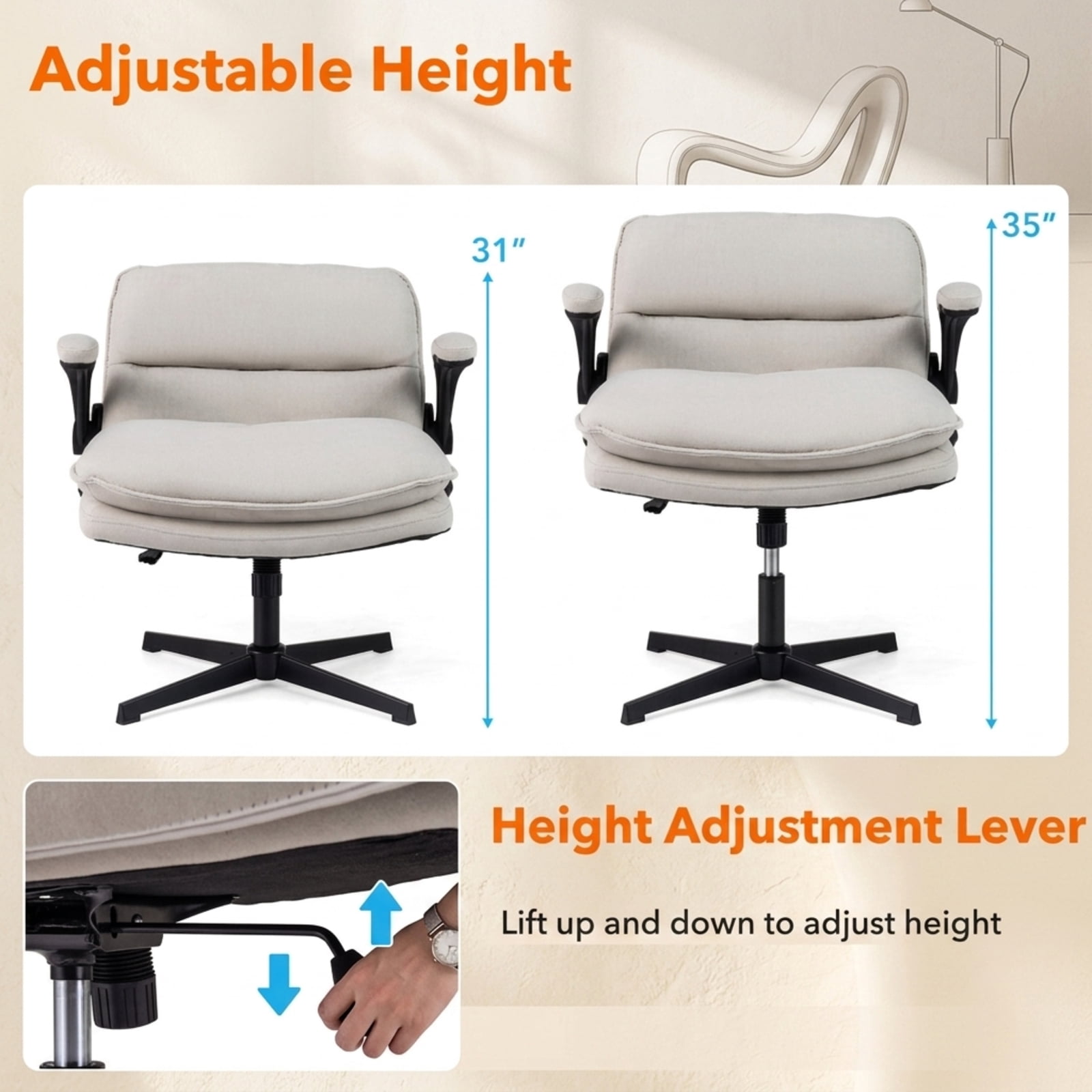 Furnibear Ergonomic Office Desk Chair with Flip-Up Arms, Height Adjustable Criss Cross Rocking Task Chair with Wide Backrest and Padded Seat, Beige