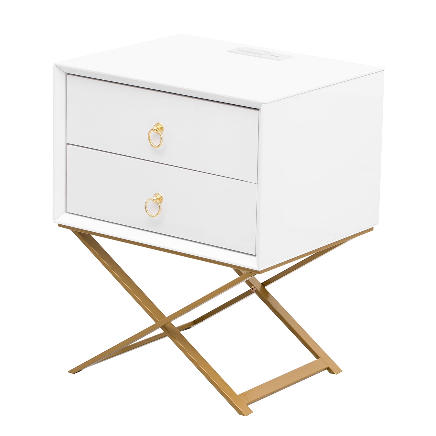 Kadyn Wood Nightstand with 2 Drawers and Golden Handle, Storage Bedside Table with USB Charging Ports, Side Table for Living Room and Bedroom, White