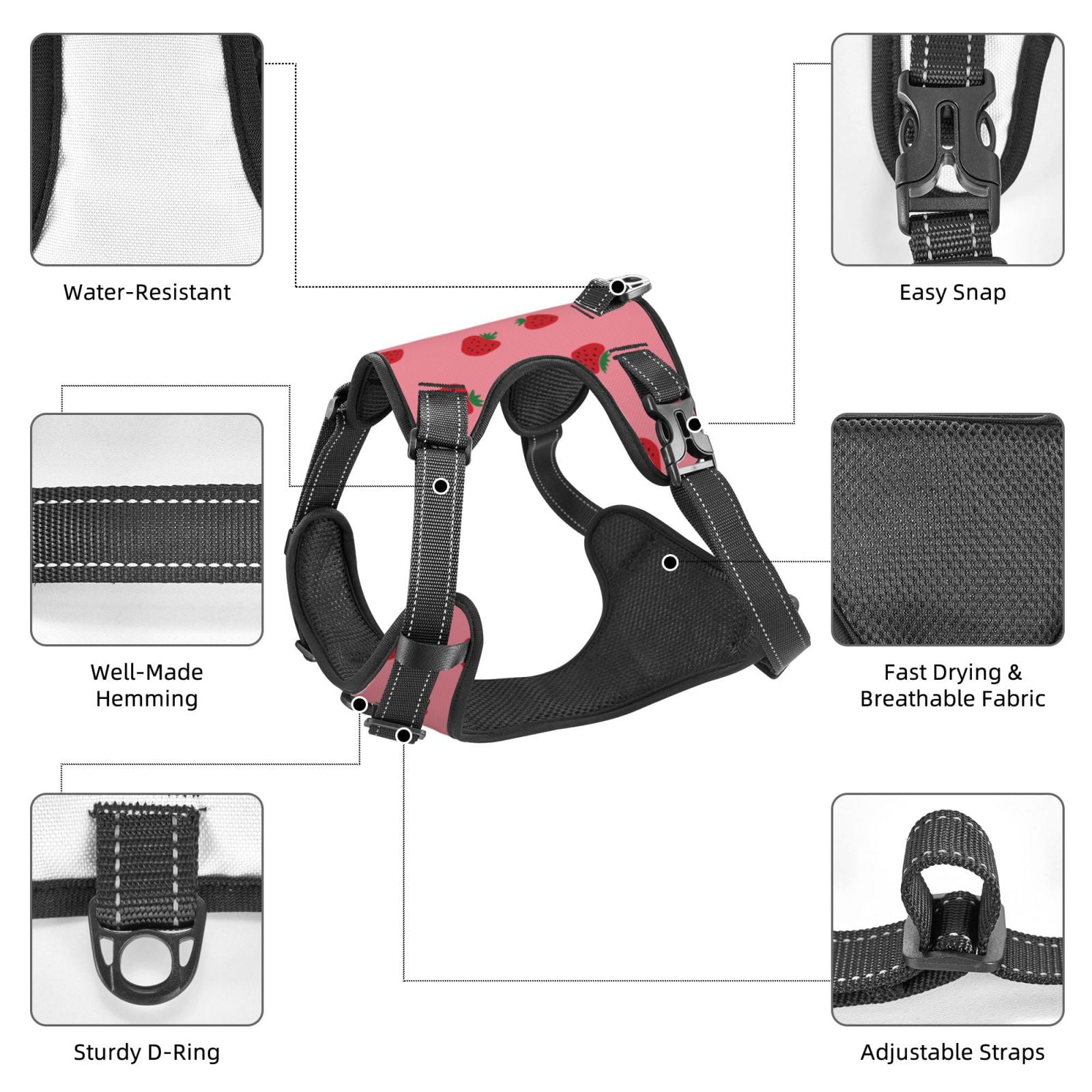 Vsdgher Strawberries Pattern Dog Harness,No Pull Pet Harness with Soft Padded Handle,Adjustable Reflective Vest with 2 Buckles,4 Slide Buckles,S-XL Medium