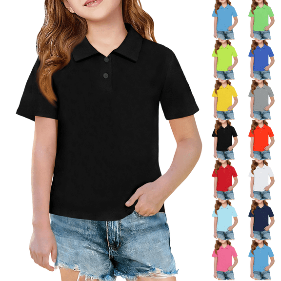 Uniform Shirts for Girls Polo Shirt Summer Short Sleeve Collared Tops Daily Casual Solid School Clothes for Girls Black 130