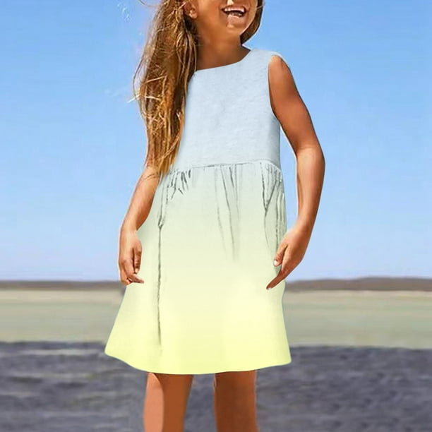 WILLBEST Vestido de Verano sin Mangas para Niña, Corte A, Elástico, Cómodo, Cuello Redondo, Informal, con Estampado Degradado para Niños Pequeños, Playa y Actividades Al Aire Libre 100
