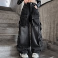 thumbnail image 5 of EnJoCho Kids Cargo Denim Jeans Straight Wide Leg Baggy Pants Girls Boys Casual Washed Black Trousers Hiphop Streetwear Elastic Waist Comfort Jeans Pants, 5 of 5
