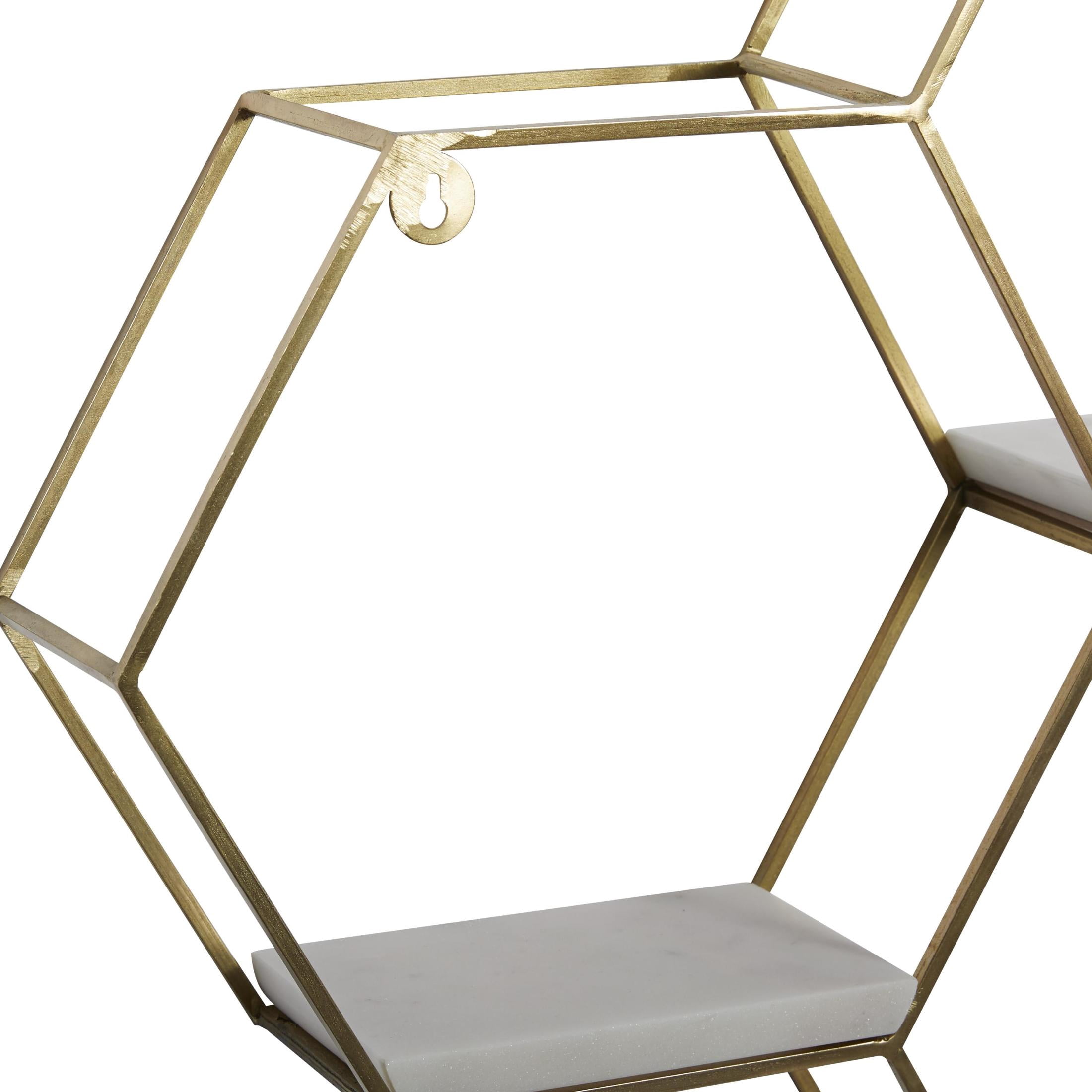 DecMode 24" x 6" Hexagon 3-Tier Gold Geometric Wall Shelf with 3 Marble Shelves