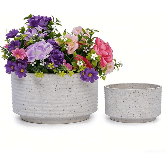 mdj pottery 2pcs White Vertical Ridged Ceramic Plant Pots, 11"&8" Non-Porous Clay for Succulents Orchids, Indoor Outdoor Decor