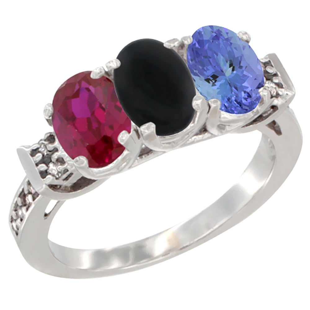 10K White Gold Enhanced Ruby, Natural Black Onyx & Tanzanite Ring 3-Stone Oval 7x5 mm Diamond Accent, sizes 5 10 by WorldJewels