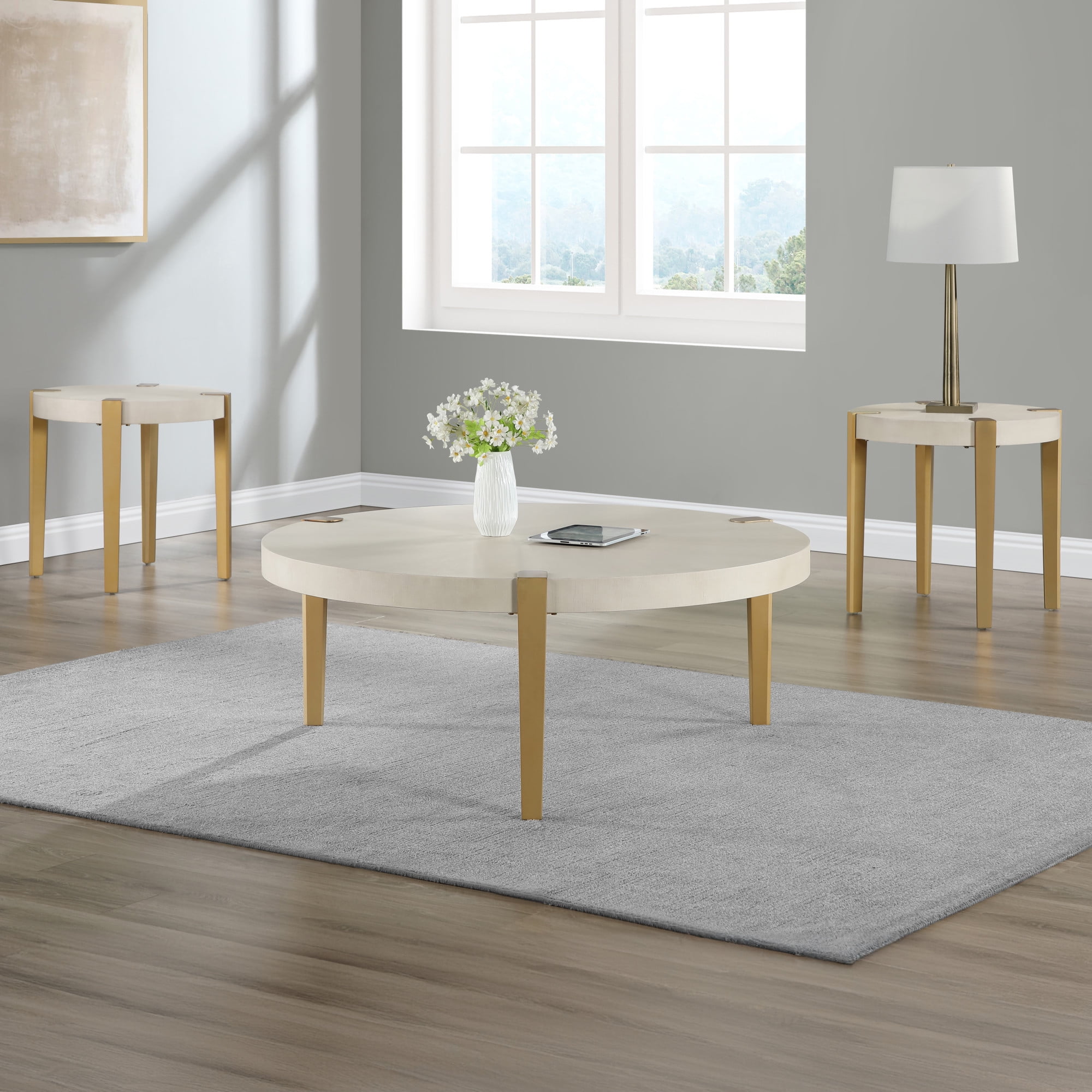 Steve Silver Gracie Modern Round Coffee Table with Sunburst Design, Washed White