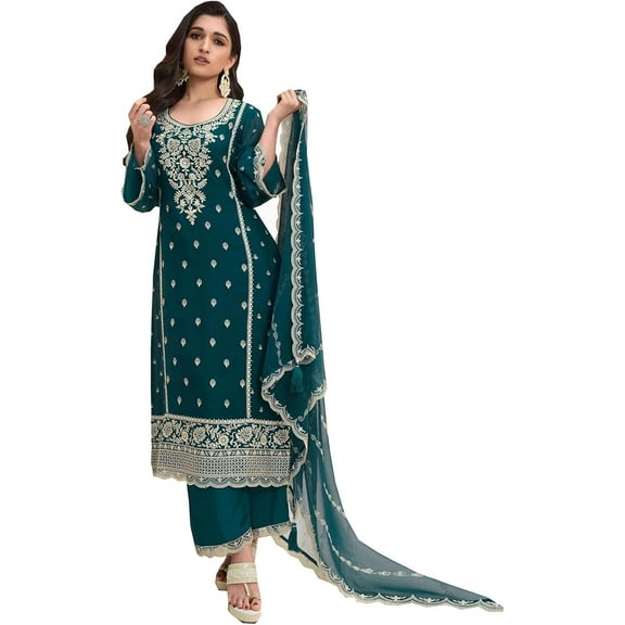 Stylish Bollywood Designer Shalwar Kameez Suits Indian Pakistani Stitched Plazzo Outfits ( Teal Blue, L - 42 )