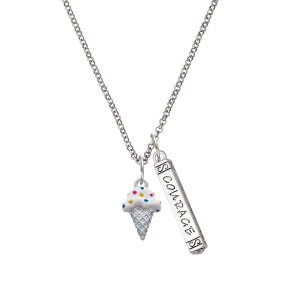 Delight Jewelry Silvertone 2-D Vanilla Ice Cream Cone with Sprinkles Silvertone Courage Strength Wisdom Honesty Bar Charm Necklace, 23"