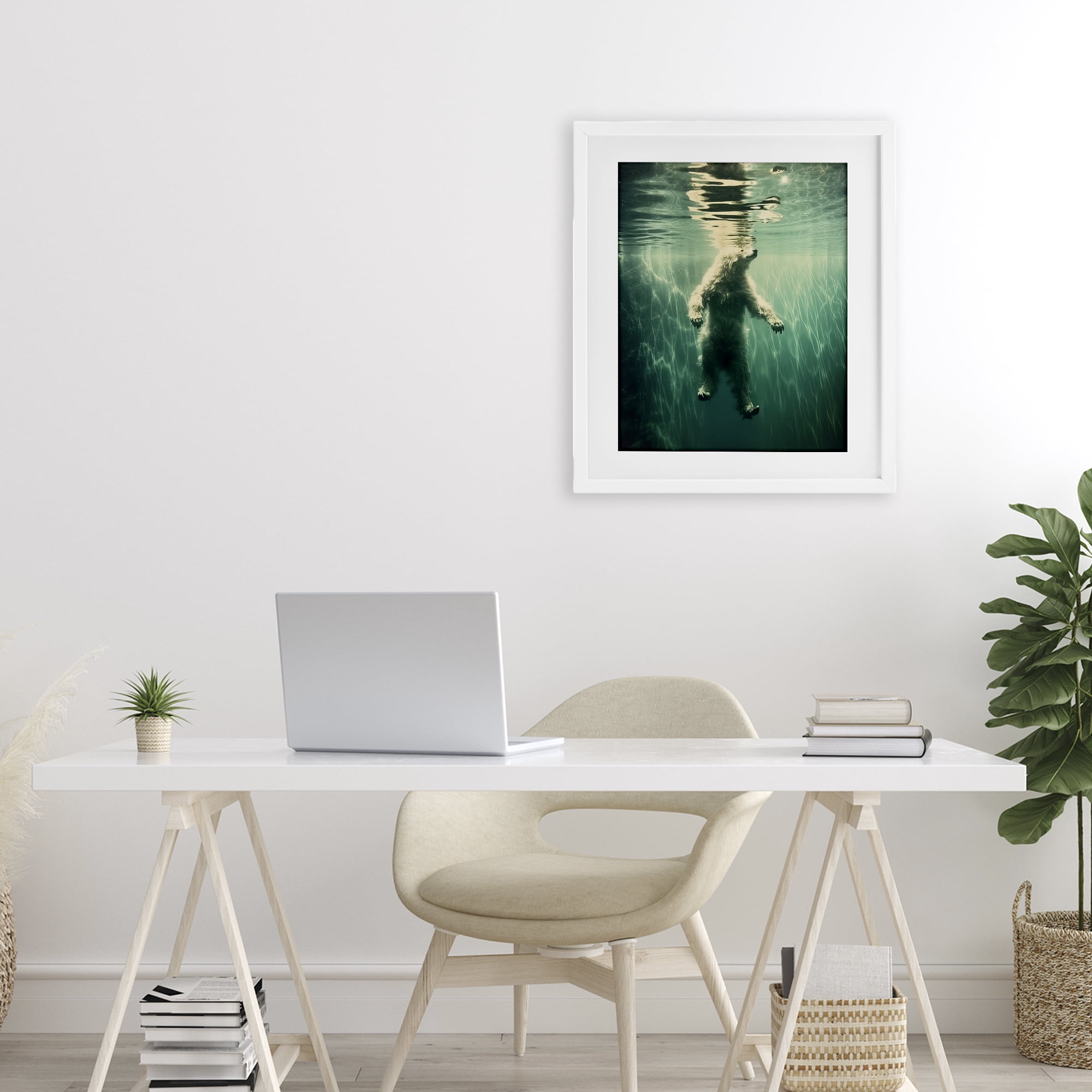 Floating Bear Underwater White Framed Print Under Glass, design by Decent Exposures