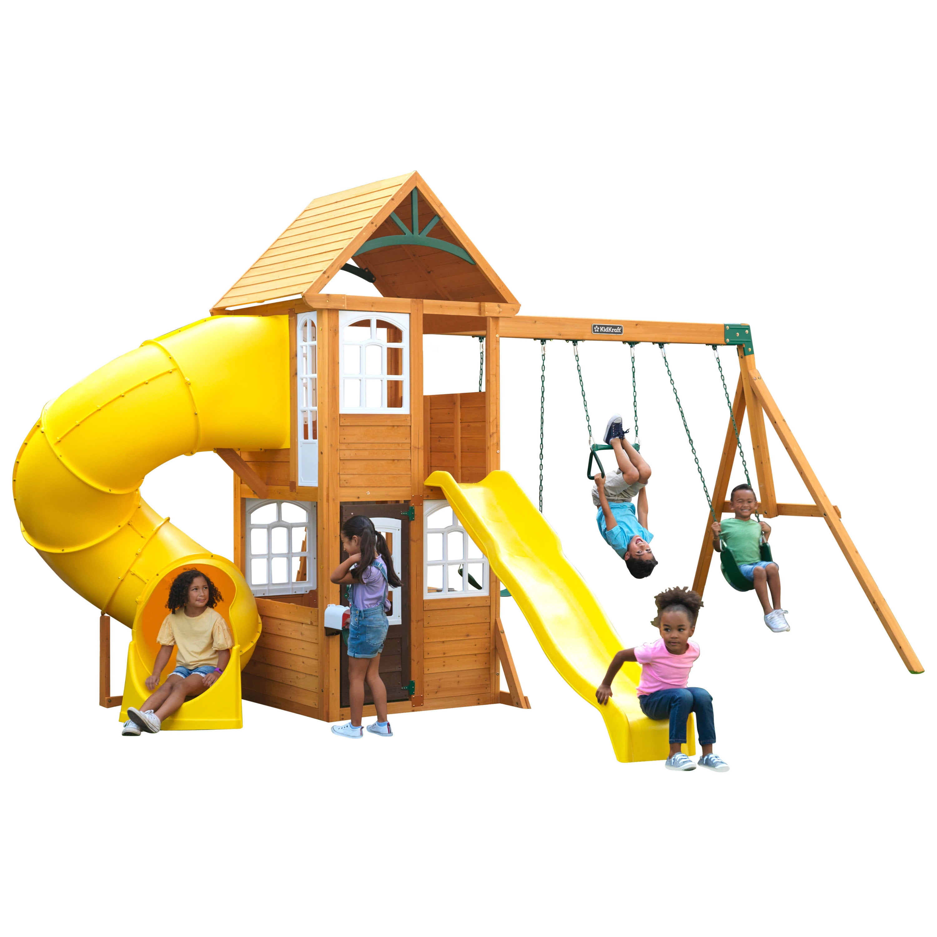 KidKraft Castlewood Wooden Swing Set / Playset with Clubhouse, Mailbox, Slide and Play Kitchen