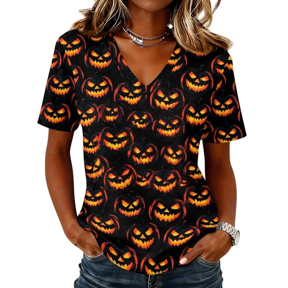 DORKASM Womens Halloween Shirts Short Sleeve Funny Print Fashion T Shirt V Neck Skeleton Pumpkin Fall Winter Tops Spooky 2026 Trendy Pullover Orange S