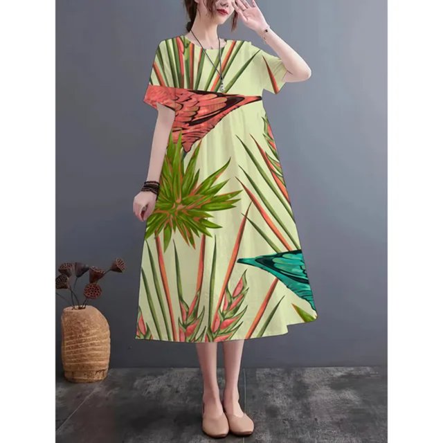 JUNWELL 2024 Nouvelle Mode Été Robe Imprimée Col Rond Manches Courtes Imitation Lin Robe Décontractée Ample Respirante et Confortable