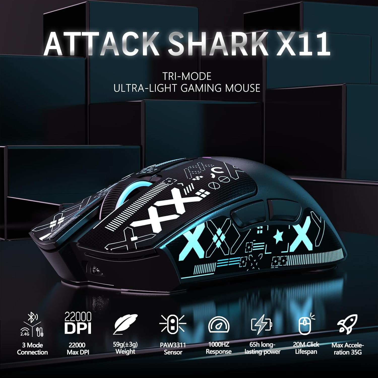ATTACK SHARK X11 Wireless Gaming Mouse with Charging Dock, PixArt PAW3311 Gaming Sensor, BT/2.4G Wireless/Wired