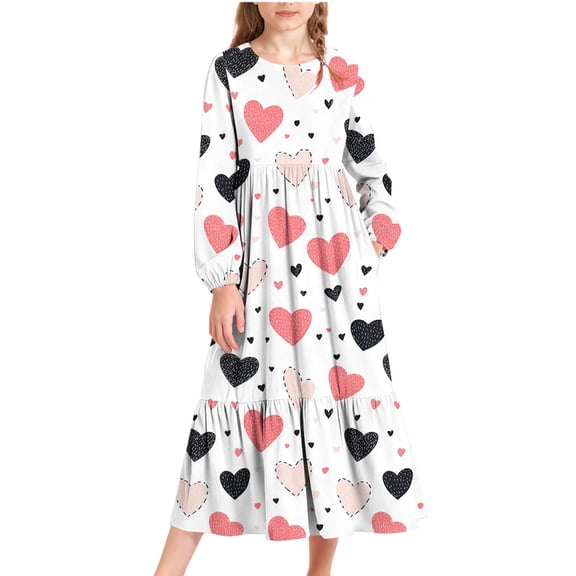 Xdegoge Heart Print Dresses for Girls Valentine's Day Long Sleeve A-Line Maxi Dress Elastic Waist and Pockets, Cute Casual Daily Wear