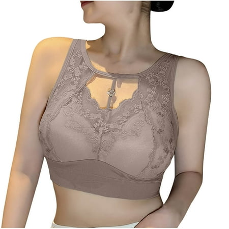 Gnurob Lace Bralettes for Women Wirefree Bras Push Up Brassiere Comfort Padded T Shirt Bra Halter Bralette Adjustable Strap Underwear Everyday Wear Clearance Saving Khaki Large