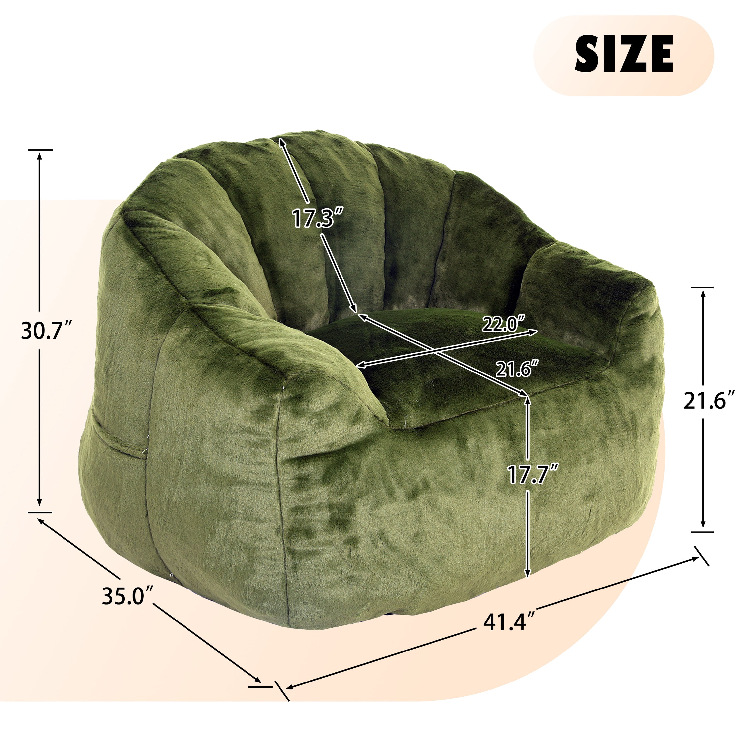 PAPROOS Oversized Bean Bag Chair for Adults, Green Faux Fur Memory Foam Bean Bag Sofa, Pre-Filled Comfy Lazy Sofa Chair with Removable Cover for Living Room Bedroom Dorm