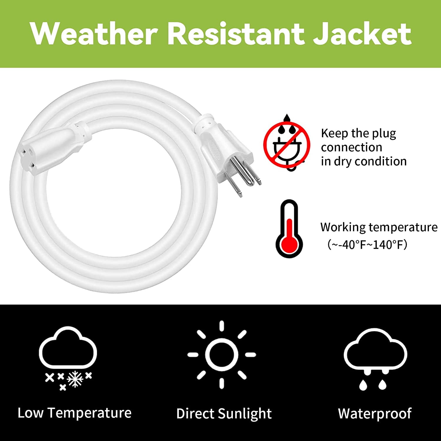 EP 50 Ft 16/3 SJTW White Outdoor/Indoor Extension Cord, Durable Electrical Cable