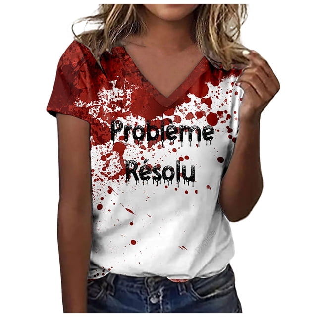 T-Shirt à Manches Courtes Imprimé pour Femmes, Col en V, Manches Longues, Compression