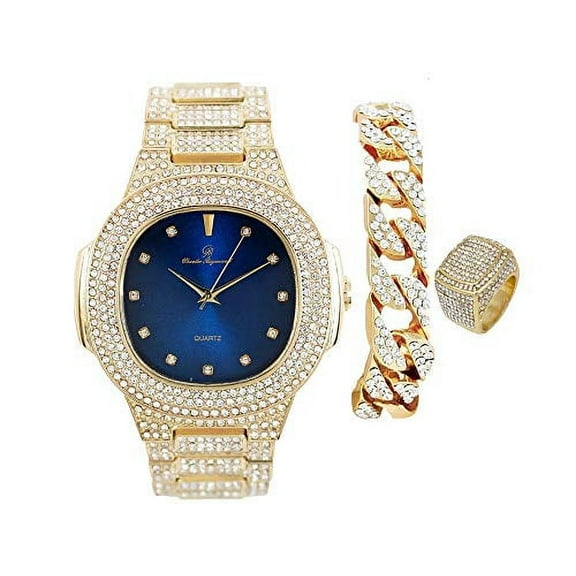 Bling-ed Out Oblong Case Mens PP Look Watch w/Matching Bling-ed Out Cuban Bracelet and King Ring Set - 8475 CR Cuban Set (10, Blue - Gold)