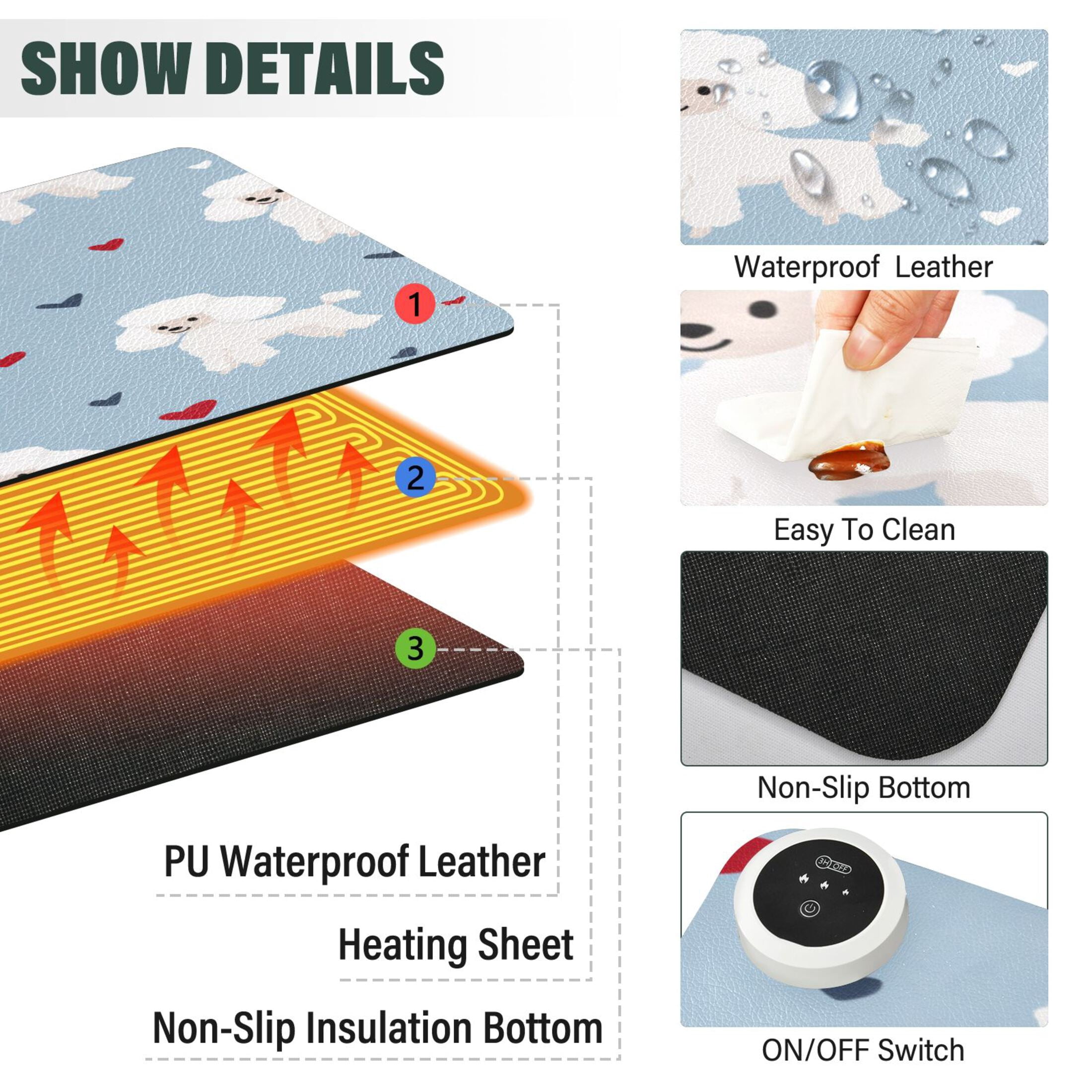 Large Heated Desk Mat Mouse Pad 31.5"x13"PU Leather Graphene Heating Desk Warmer with 3 Temperature Settings 110V US Plug Non-Slip Warm Pad for Home, Office, and Gaming Cute Sweet Poodle Hearts