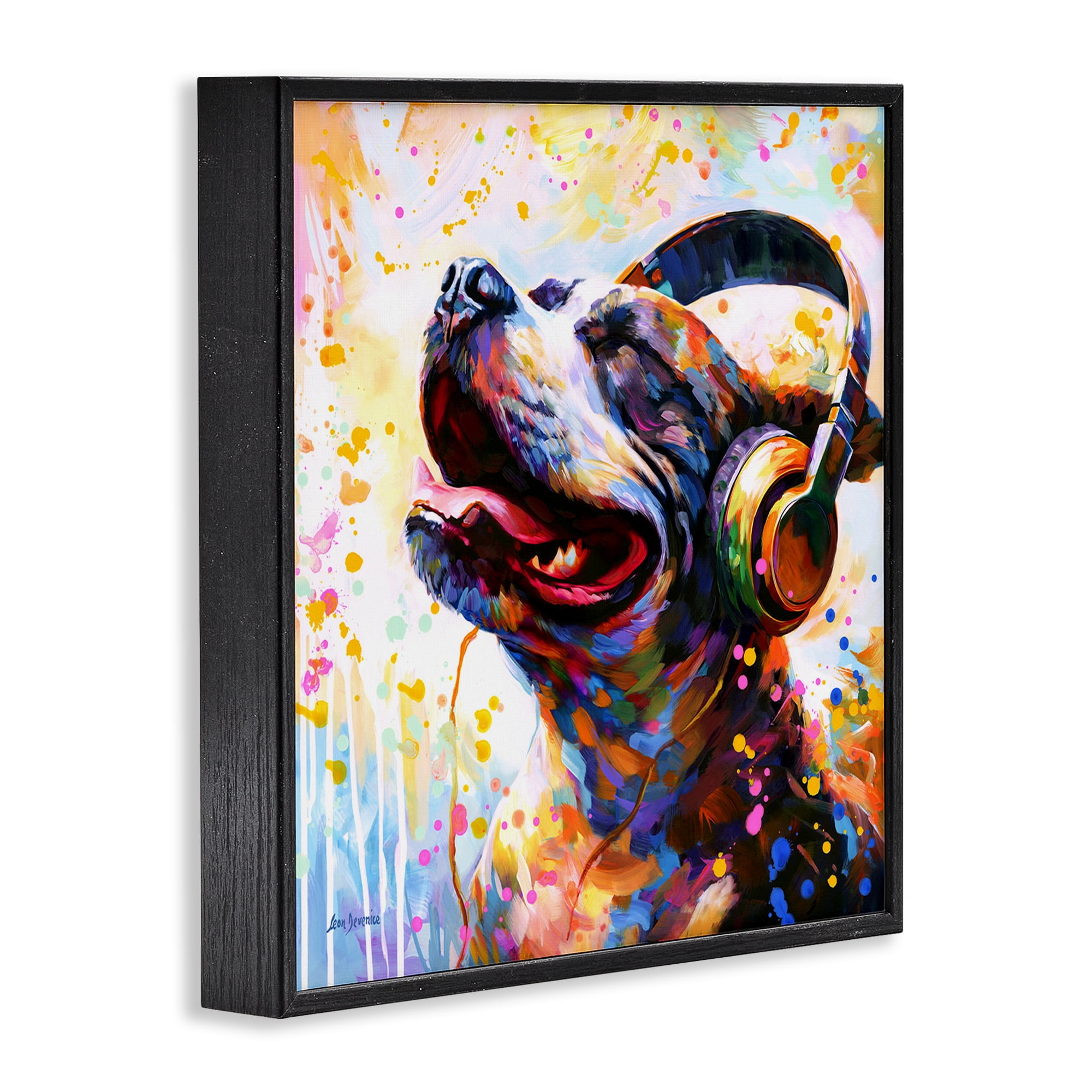 Stupell Industries Happy Dog & Headphones Animals & Insects Painting Black Framed Art Print Wall Art, 17 x 17