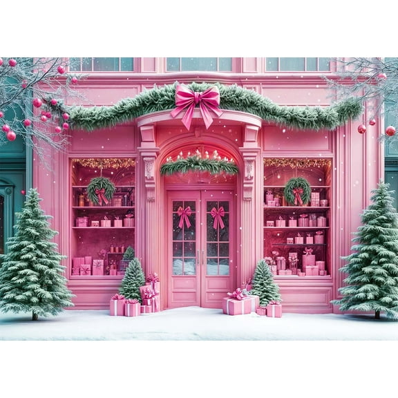 8X6ft Pink Christmas Backdrop Winter Christmas Shop Store Xmas Tree Snowflake Photo Backdrop Holiday Photography Background Girl Baby Shower Party Decorations Photo Props