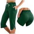 thumbnail image 3 of SROBPTY Women Solid Drawstring Elastic Waist Capris Side Slit Casual Sports Trousers with Side and Back Pockets Army Green, XXL, 3 of 5