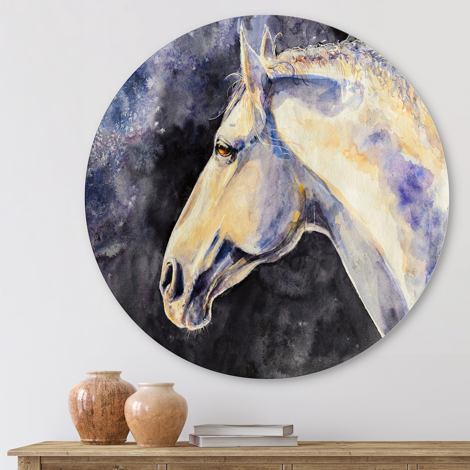 Designart 'Close Up Of The Head of A Lipizzan Horse' Farmhouse Circle Metal Wall Art 23x23 - Disc of 23