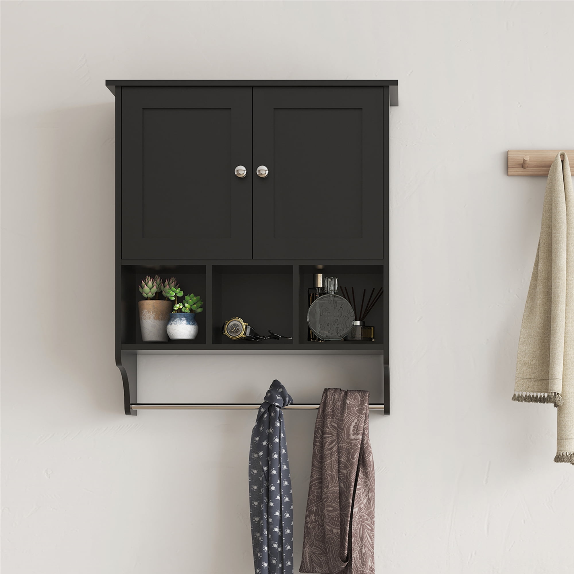 Vastcury 27.5" Bathroom Wall Cabinet, Over the Toilet Storage Medicine Cabinet with 2 Door Cupboard, Adjustable Shelf and Towels Bar, Black