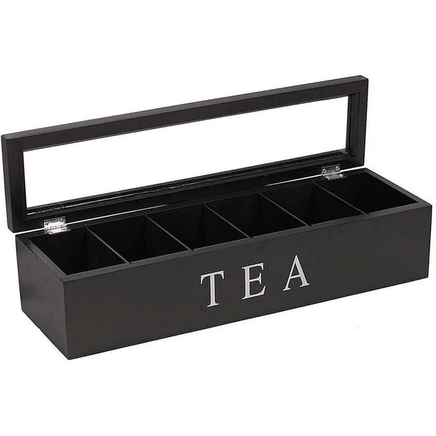 Organisateur Boîte à Thé En Bois 6 Compartiments – Coffret Rangement Sachets Thé Élégant Style Rétro Moderne (Noir)