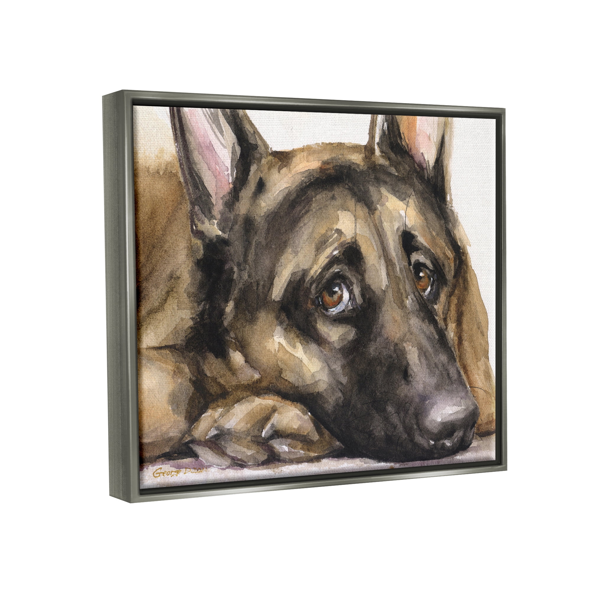 Stupell Industries Tired German Shepherd Dog Resting Head On Paw Painting Luster Gray Floating Framed Canvas Print Wall Art, Design by George Dyachenko